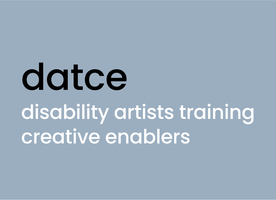 datce - disability artists training creative enablers logo written in bold letters on a light background