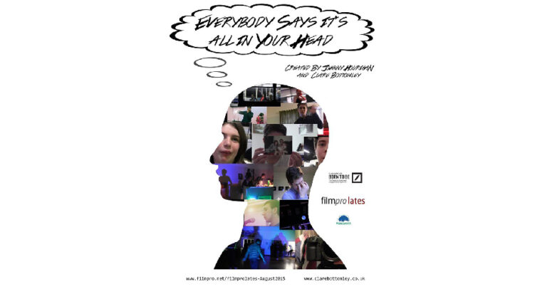 The picture shows the official poster of Everybody says it's all in your head with a head shaped by small pictures of the project and a bubble containing the title.