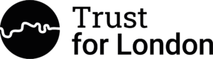 The Trust for London logo. Black text on a white background, with a graphic featuring the Thames outlined in white against a black circle.