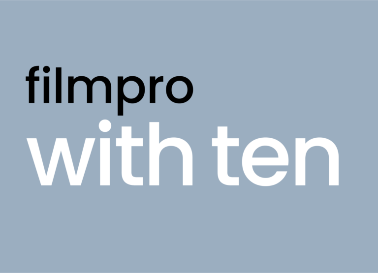 filmpro with ten logo: filmpro with black text, with ten with white text on grey background