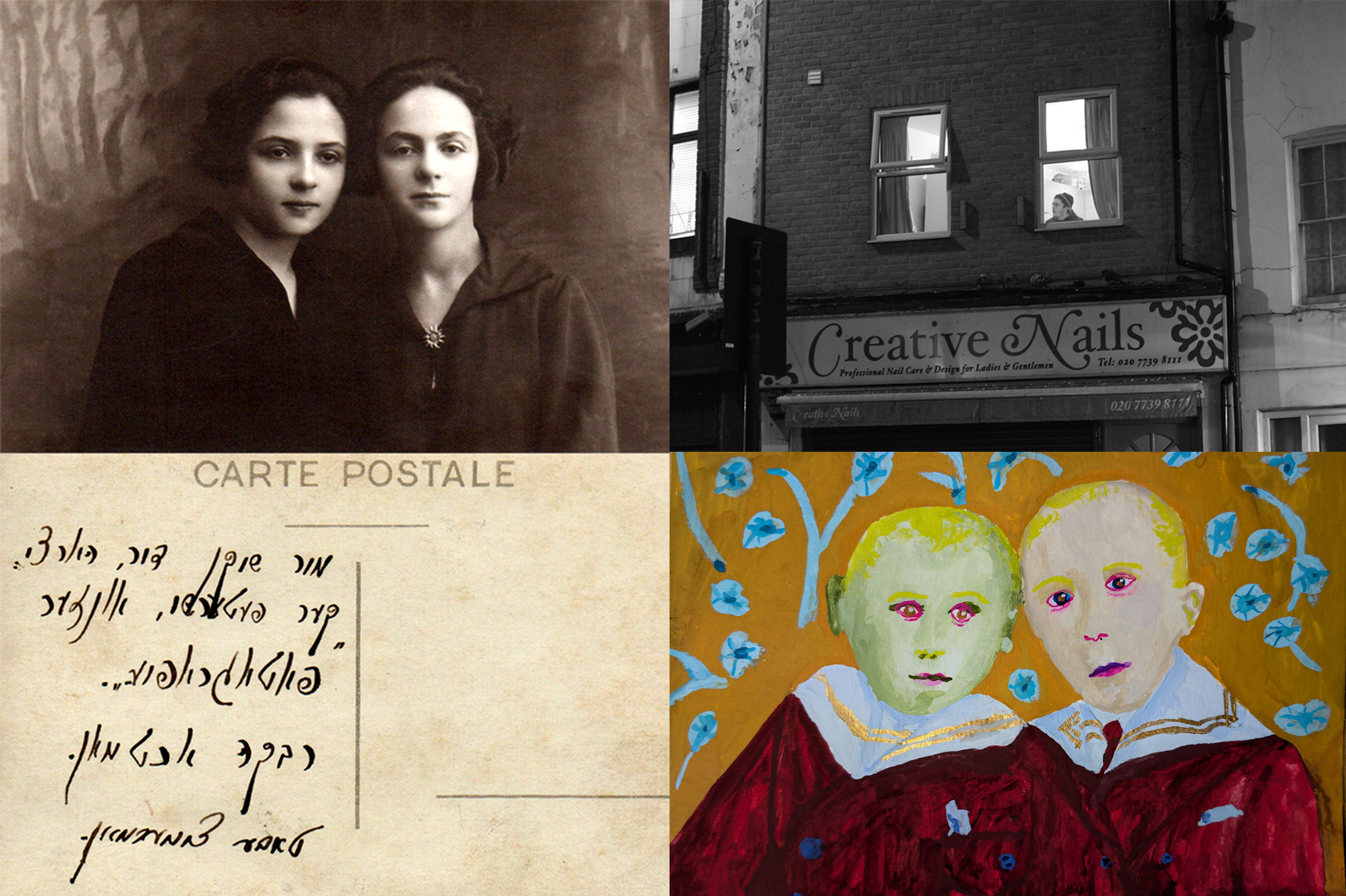 A grid of four images includes a vintage photo portrait, a painted portrait, an urban photo and a postcard written in Yiddish.